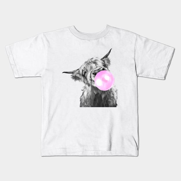 Bubblegum Black and White Highland Cow Kids T-Shirt by bignosework